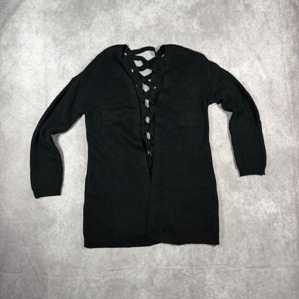 Sunday Women XS Black Stitch Lace Up Back Open Front Cardigan Y2K Coquette